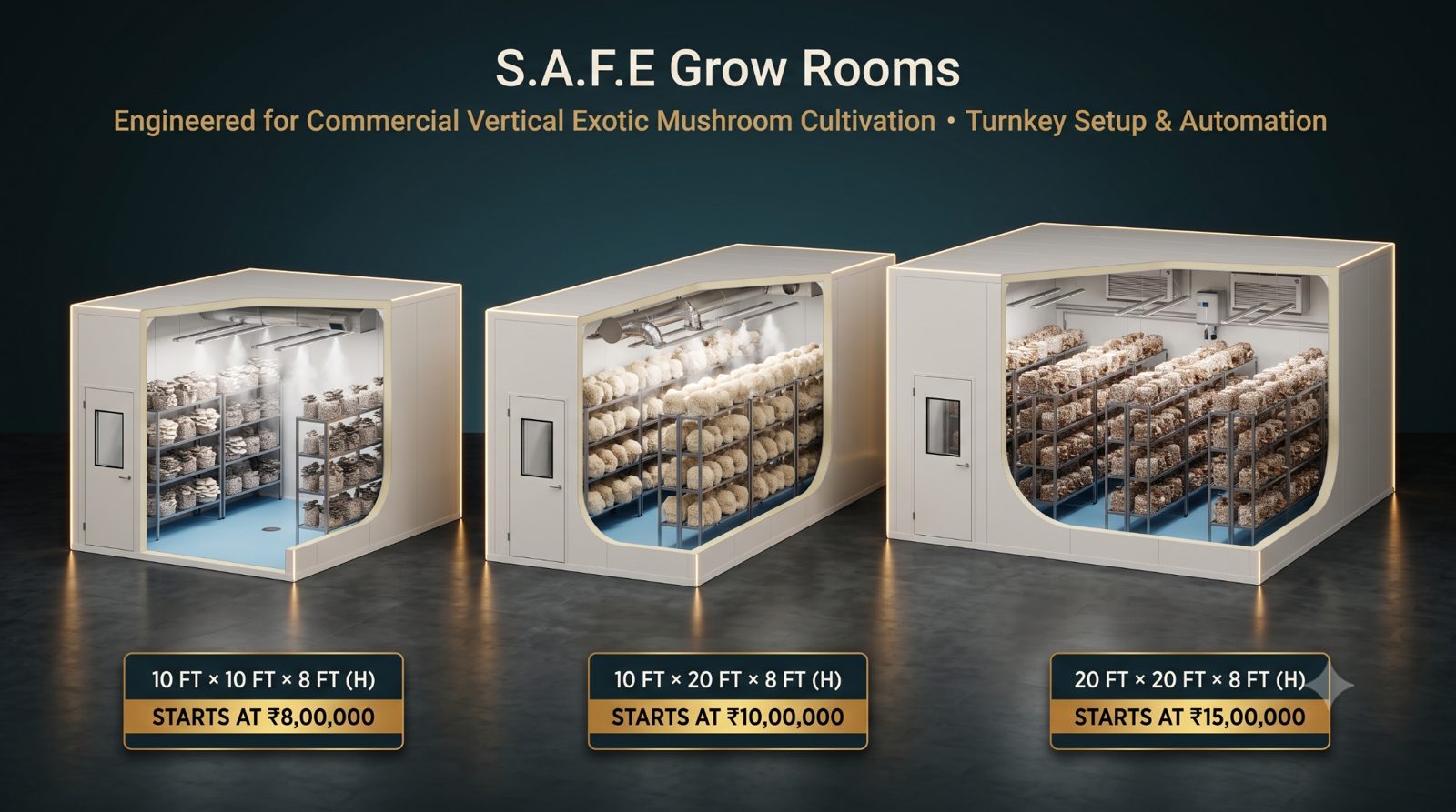 S.A.F.E grow room standard sizes: 10×10×8 ft from ₹8,00,000; 10×20×8 ft from ₹10,00,000; 20×20×8 ft from ₹15,00,000
