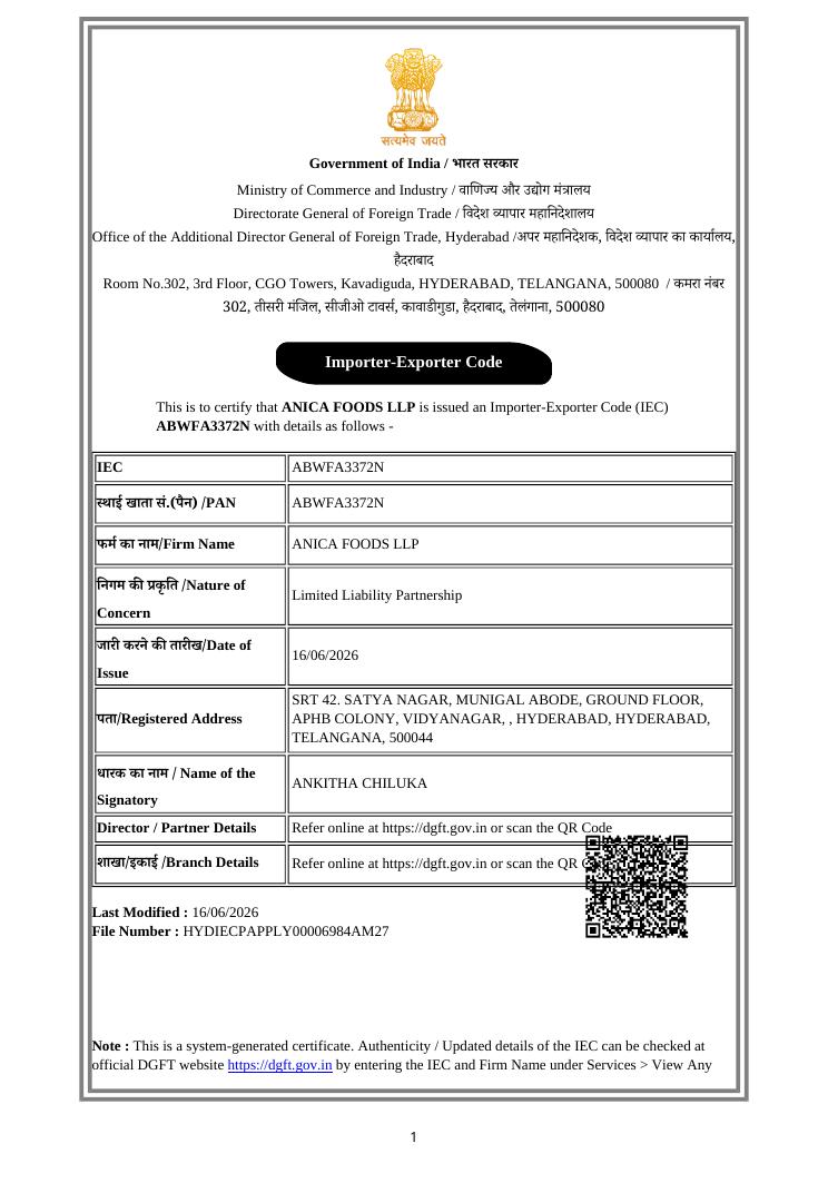 Import Export Code (IEC) certificate issued to Anica Foods LLP